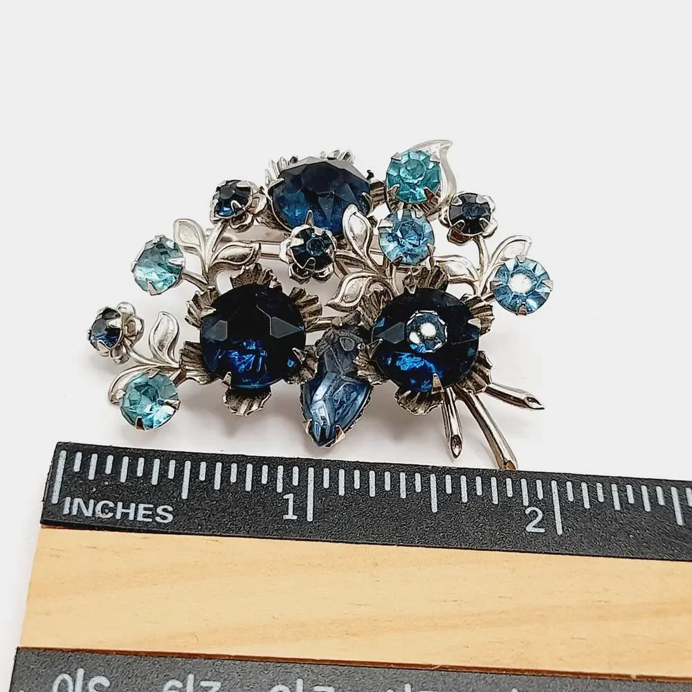 Vintage 1950s Blue Rhinestone Floral Brooch Silver Tone Mid Century